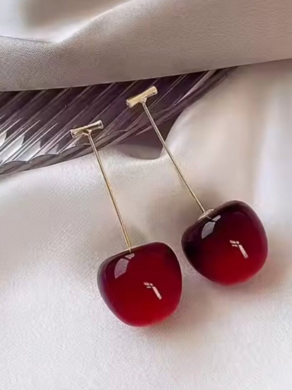 Coach Inspired Red Cherry Dangle Earrings, Glossy Enamel Fruit Jewelry